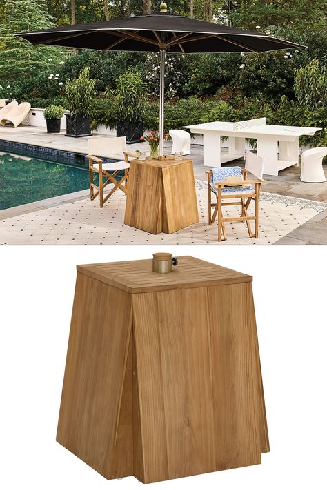 This teak wood patio umbrella stand skirt doubles as a small table and is perfect for poolside, small spaces, or as an extra table when entertaining outdoors. Umbrella Tables Outdoor, Poolside Umbrella Stand, Wooden Umbrella Stand, Bali Umbrella, Brass Umbrella Stand, Outdoor Umbrella Bases, Patio Umbrella Stand, Big Table, Table Skirt