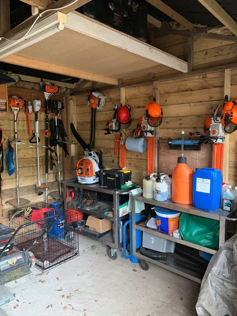 Backpack Blower Storage Ideas, Weedeater Storage Ideas, Chainsaw Storage Ideas, Chainsaw Storage, Wall Shelving Systems, Garage Workshop Layout, Basement Workshop, Garage Shelves, Workshop Layout