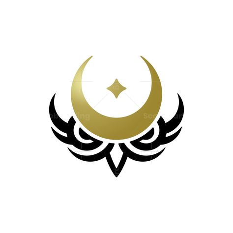 Elegant Owl Head With Golden Crescent Moon And Star Logo. Elegant Owl Head With Golden Crescent Moon And Star Logo Forsale. Unique, elegant, modern, minimalist and simple. This creative logo is suitable for many areas of business Creative Logo Design Ideas Unique, Crescent Moon Logo, Moon Logo Design, Fantasy Logo, Cool Symbols, Owl Head, Crescent Moon And Star, Moon Symbols, Super Powers Art