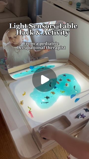 Akilina | Pediatric Occupational Therapist on Instagram: "Light Up Their Sensory Play! 🌟  👋🏻 Hi, I’m Akilina! I’m a pediatric occupational therapist and a passionate mom devoted to early childhood development. I’m thrilled to share essential tips for a thriving journey in your child’s growth!  Adding illumination to our sensory activities has really taken things to the next level! The added visual stimulation not only captivates attention but also helps prolong engagement, making the experience even more enriching.  For this ocean-themed sensory play, we focused on building hand strength and fine motor skills like grip using blue slime and mini ocean creatures from @safariltd   With the help of a light table insert, lid mirror, and tinker tray from @button_and_bug, our regular slime pla Stimulation Activities, Tinker Tray, Blue Slime, Sensory Lights, Ocean Activities, Sensory Table, Early Childhood Development, Childhood Development, Occupational Therapist