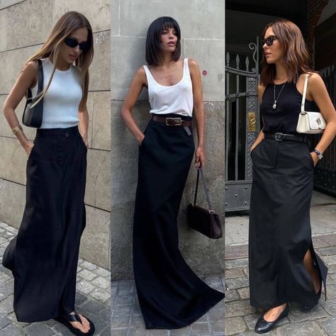 Anya Outfit, Linen Skirt Outfit, Long Black Maxi Skirt, Content House, Skirt Styling, Long Linen Skirt, Long Skirt Summer, High Waisted Maxi Skirt, Glam Dresses