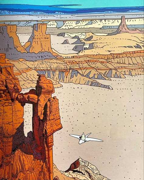 Moebius Landscape, Scifi Clothing, Mobius Art, Jean “moebius” Giraud, Jean Giraud Moebius, Cool Digital Art, Moebius Art, Desert Canyon, Jean Giraud