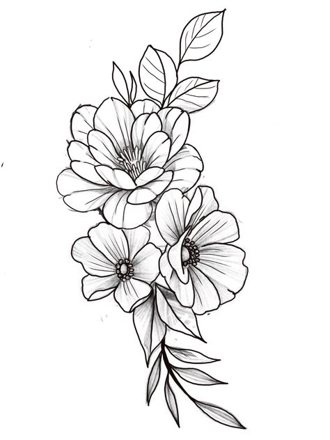 Flower Sketches Tattoo, Flower Stencil For Tattoo, Simple Flower Tattoo Stencil, Outline Only Flower Tattoo, Floral Tattoo Design Drawings, Flower Tato, Tattoo Flash Art Flowers, Wild Flower Tattoo Stencil, Floral Tattoo Sketch