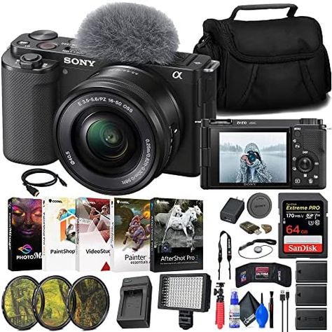 Sony ZV-E10 Mirrorless Camera with 16-50mm Lens (Black) (ILCZV-E10L/B) + 64GB Memory Card + Filter Kit + LED Light + External Charger + 2 x NPF-W50 Battery + Card Reader + More (Renewed) Check more at https://us.productsoffer.in/sony-zv-e10-mirrorless-camera-with-16-50mm-lens-black-ilczv-e10l-b-64gb-memory-card-filter-kit-led-light-external-charger-2-x-npf-w50-battery-card-reader-more-renewed/ Mirrorless Camera, Memory Card, Card Reader, Led Light, Filter, Led, Black