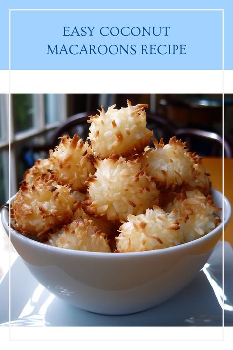 Looking for a delightful treat? Try these easy coconut macaroons! Perfectly sweet and chewy, they're made with toasted coconut and are simple to whip up for any occasion. Whether you're planning a party or just craving something tasty, this recipe is a winner. Bake a batch today and enjoy these scrumptious cookies while impressing your friends and family with your baking skills. Dive into a world of delicious flavors and make snacking fun again with these easy treats Chewy Coconut Macaroons, Toasted Coconut Macarons, Macaroons Recipe Easy, Coconut Macaroon Cookies Recipes, Easy Coconut Macaroons, Easy Macaroons Recipe, Coconut Macaroon Cookies, Blondie Dessert, Coconut Macaroons Easy