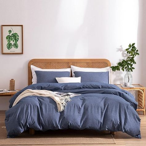 Amazon.com: Blue Duvet Cover King, 100% Washed Cotton Linen Like Textured 3 Pieces Blue Bedding Set, Solid Color Simple Style Duvet Cover, Luxury Relaxed Feel Natural Wrinkled Breathable Soft Comfy (Blue, King) : Everything Else Dark Bedding, Blue Bedding Sets, Duvet Cover Queen, Blue Queen, Duvet Cover King, Blue Duvet, Blue Duvet Cover, Bed Lights, Linen Duvet Covers