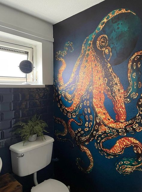 Unique Toilet Decor Ideas to Wow Your Guests | Wallsauce UK Small Toilet Room Ideas, Toilet Decor Ideas, Dark Octopus, Kids Bathroom Wallpaper, Bathroom Wall Coverings, Octopus Wallpaper, Blue And Gold Wallpaper, Toilet Decor, Small Toilet Room