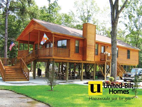 Cabin built on piling foundation Cabin On Stilts House Plans, Homes On Stilts, United Built Homes, River House Plans, Elevated House Design, Stilt House Plans, Cabin On Stilts, House On Stilt, Stilt Home