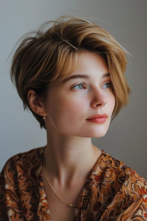 Woman with short, layered blonde hair looking off to the side, wearing a patterned brown top. Bixie 90s Haircut, 90s Bixie, Vintage Pixie Cut, Vintage Haircut, 90s Pixie Cut, Long Pixie Haircut, Bixie Haircut, Pageboy Haircut, Layered Pixie Cut