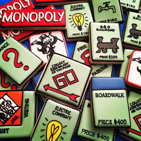 Monopoly cookies                                                       … Game Night Cookies Decorated, Game Night Cookies, Monopoly Birthday Party Ideas, Board Game Cookies, Monopoly Birthday Cake, Board Game Cookies Decorated, Monopoly Decorations Themed Parties, Monopoly Ra Theme, Monopoly Cookies