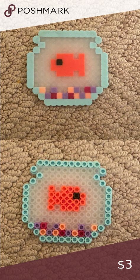 Homemade fishbowl Perler Bead Fish Bowl, Fish Bowl Perler Beads, Pegboard Beads Ideas, Perler Bead Patterns Fish, Pearler Beads Easy, Pearl Or Bead Designs, Fish Perler Bead Patterns, Squishmallow Perler Bead Patterns, Cute Fuse Beads Ideas