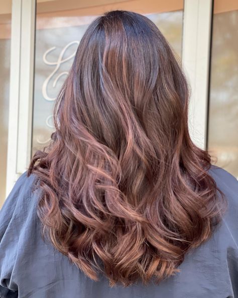 Chocolate Glaze Hair Color, Dark Strawberry Brown Hair, Rose Brown Balayage, Strawberry Brown Hair, Violet Brown Hair, Pink Brown Hair, Balayage Pink, Brown Hair With Pink Highlights, Chocolate Mauve Hair