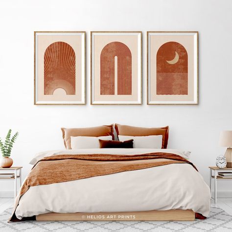 Helios Art, Terracotta Interior Design, Burnt Orange Bedroom, Spare Bedroom Office, Boho Prints, Mid Century Wall Art, Bedroom Orange, Mid Century Modern Walls, Master Bed