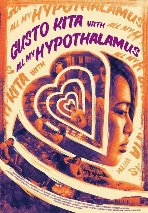 poster for 'Gusto Kita With All My Hypothalamus'. Heart swirl design overlaying a woman's head, each segment shows different scene from the movie Filipino Movie Poster, Bad Genius, Gradient Map, Romance Movie Poster, Facebook Frame, Best Movie Posters, Fashion Drawing Sketches, Vintage Png, Film Poster Design