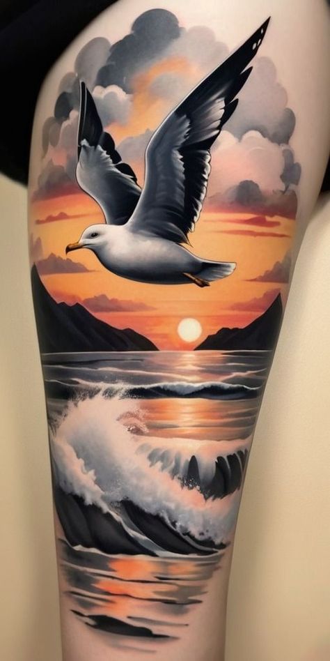 Colorful Beach Tattoo, Beach Sunset Tattoo, Sunset Tattoo Design, Beach Inspired Tattoos, Seagull Tattoo, Sunset Tattoo, Sunset Tattoos, Self Love Tattoo, Palm Tattoos