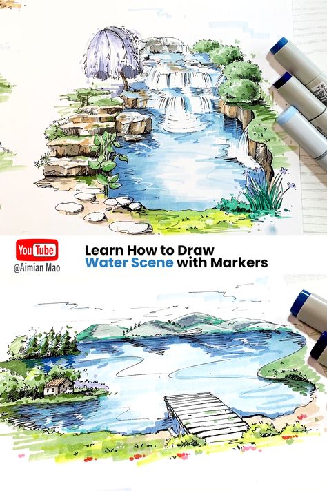 learn how to draw water scene with markers. tutorial on Youtube. #inkdrawing #illustration #copicmarkers #markerrendering #sketching #architecturesketch Water Drawing Marker, Water Markers Drawing, Landscape With Markers, Water Marker Drawing, Sketching With Markers, Copic Marker Landscape, Landscape Marker Drawing, Water With Markers, Water Marker Art