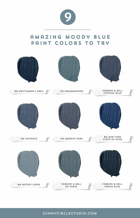 Moody Blue Paint Colors, Moody Blue Paint, Dark Blue Grey Paint, Dark Blue Paint Color, Navy Paint Colors, Moody Coastal, Navy Blue Paint Colors, Navy Blue Paint, Blue Gray Paint Colors