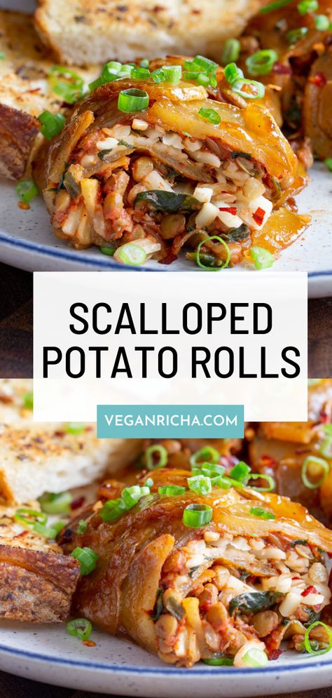 Lovers of savory breakfasts, meet Scalloped Potato Rolls - that's scalloped potatoes, baked then rolled up with a savory lentil sausage filling! So nutritious, so delicious! Lentil Sausage, Lasagna Vegan, Potato Lasagna, Vegan Scalloped Potatoes, Scalloped Potato, Butternut Squash Lasagna, Potatoes Baked, Potato Rolls, Artichoke Pasta