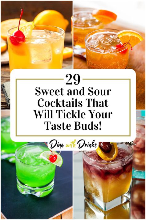 Collage of 4 sweet and sour cocktails. One Liquor Mixed Drinks, Sweet And Sour Mix Recipe Cocktails, Drinks With Sour Mix Cocktail Recipes, Cocktails With Sweet And Sour, Sweet And Sour Cocktail Recipe, Sweet And Sour Drinks Cocktails, Sweet And Sour Drink Mix Recipes, Sweet And Sour Cocktails, Sour Mix Recipe Cocktails