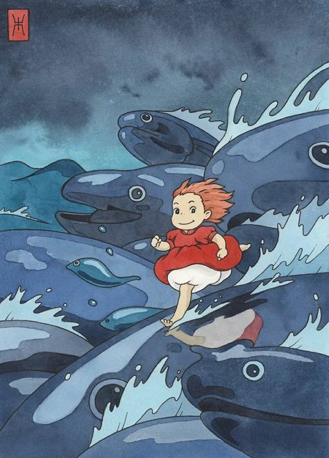 Ponyo Running On Fish, Ponyo Water Scene, Ponyo Underwater Scene, Ponyo Running On Water, Ponyo Stills, Ponyo Painting Canvas, Ponyo Drawings Studio Ghibli Art, Ponyo Illustration, Ponyo Running