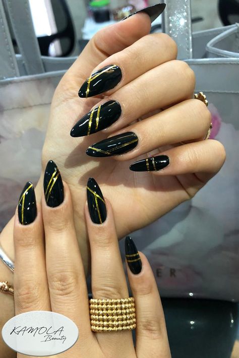 Gel Ext with black Gel Polish with golden strips Black And Golden Nail Art, Black Golden Nails, Black Red And Gold Nails, Black And Gold French Tip Nails, Black And Tan Nails, Black And Golden Nails, Black And Gold Nails Ideas, Black Nails With Gold, Black Gel Polish