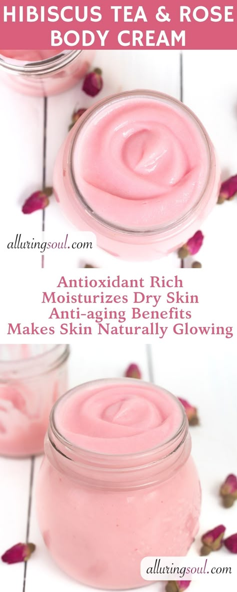 DIY Hibiscus And Rose Body Cream is full of antioxidants and essential nutrients which are required for the healthy skin. It has anti-aging benefits, moisturizes dry skin and makes skin soft. Do Checkout for full recipe. Frankincense Anti Aging, Diy Anti Aging, Rose Body, Diy Kosmetik, Body Creams, Baking Soda Shampoo, Body Butters, Homemade Beauty, Anti Aging Skin