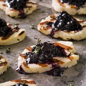 Grilled Halloumi Cheese with Blueberry-Balsamic Jam Recipe | EatingWell Halloumi Cheese Recipes, Balsamic Jam, Berry Jam Recipe, Blueberry Balsamic, Greek Cheese, Halloumi Cheese, Grilled Halloumi, Healthy Appetizer Recipes, Jam Recipe