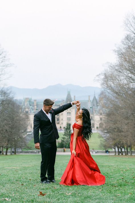 Engagement Photoshoot Biltmore Estate Asheville NC mansion castle red dress Red Dress Engagement Pictures, Biltmore Engagement, Mansion Castle, Biltmore Estate Asheville Nc, Pre Wedding Photoshoot Outfit, Christmas Pics, Biltmore Estate, Wedding Fall, Pre Wedding Photoshoot