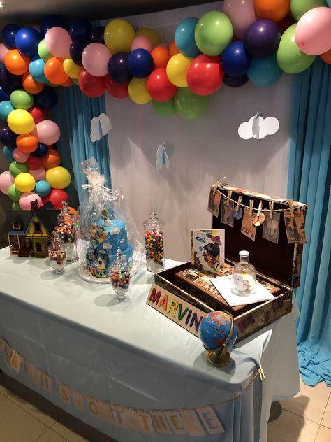 Up Theme Table Decorations, Up Dessert Table Disney, Disney Up Dessert Table, Pixar Up Centerpieces, Up Theme Bridal Shower Disney Up, Up Theme Decorations, Up Theme Dessert Table, Up The Movie Decorations, Up Themed Centerpieces