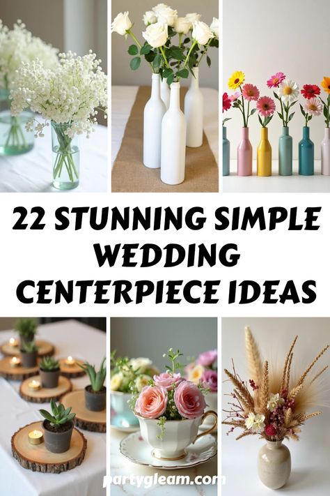 22 stunning and simple wedding centerpiece ideas that will truly wow your guests! From rustic wood slice displays perfect for an outdoor celebration to elegant antique teacup arrangements that steal the spotlight, these centerpieces are not just beautiful—they’re budget-friendly too! Discover delightful ideas like baby’s breath clouds, unique wine bottle centerpieces, and charming bud vase collections to suit every wedding theme. Transform your reception tables into works of art without spending a fortune! Let’s get those tables shining with creativity and style. Table Flower Centerpieces Wedding, Round Table Decorations Wedding Centerpiece Ideas, Floating Candle Wedding Centerpieces, Teacup Arrangements, Simple Wedding Table Centerpieces, Floating Candle Centerpieces Wedding, Tea Cup Centerpieces, Wedding Centerpiece Ideas, Floating Candles Wedding