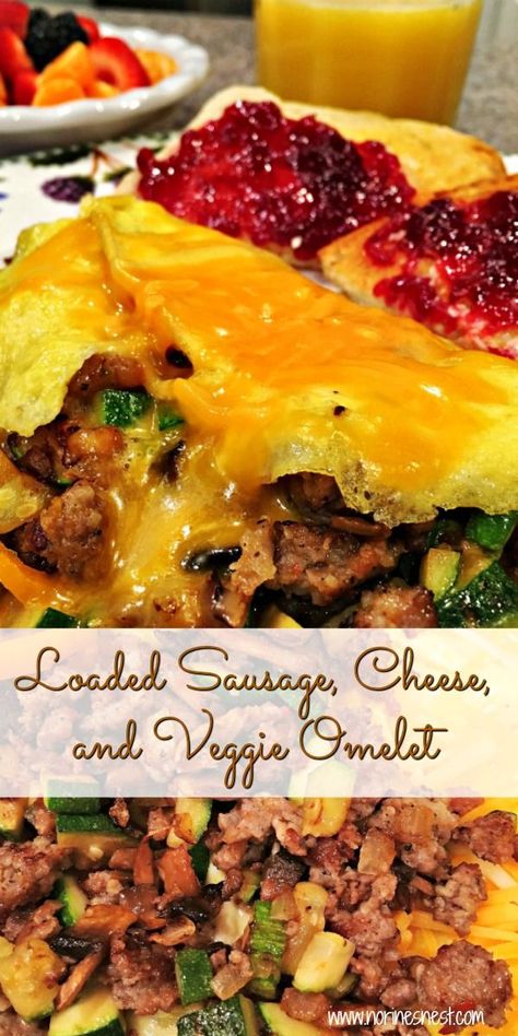 Light and Fluffy Sausage Veggie Omelet filled with flavorful sausage, sauteed onions, sweet peppers, mushrooms, cheese, and zucchini squash! Perfect for Breakfast or Dinner! Loaded Sausage, Omlet Recipes, Pepper Rings, Omelette Recipe Easy, Mushroom Omelette, Veggie Omelet, Sauteed Onions, Spinach Omelet, Family Dinner Night