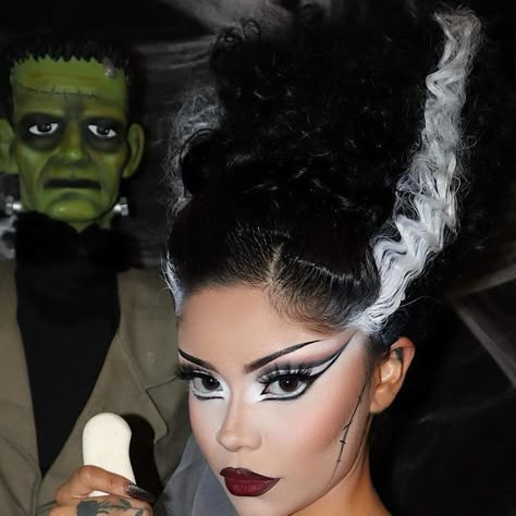 Pin Up Bride Of Frankenstein, Kylie Jenner Frankenstein Bride, The Bride Of Frankenstein Makeup, Couples Frankenstein Costumes, Men’s Frankenstein Makeup, Frankenstein Makeup Men, Bride If Frankenstein Makeup, Great Halloween Costumes For Women, Hard Halloween Costumes