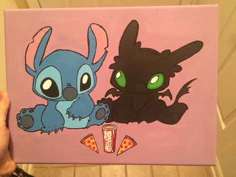 Toothless Painting Canvas, Stitch Painting Canvases Easy, Stitch Canvas Painting, Toothless Painting, Stitch Toothless, Canvas Stitch, Cute Toothless, Disney Anniversary, Cute Easy Paintings