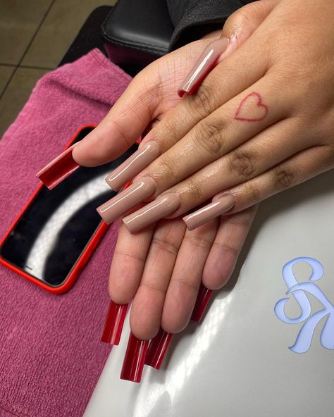 Simple Red Bottom Nails, Acrylic Nails With Red Tips, Red Bottom Nails Square, Long Red Bottom Acrylic Nails, Nails Red Bottoms, Red Bottom Nails Acrylic, Red Bottoms Nails, Pink Bottom Nails, Red Bottom Acrylic Nails