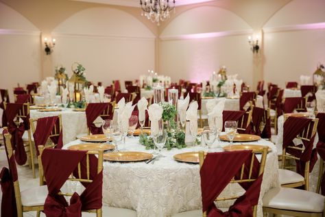 Gold And Burgundy Wedding, Gold Chiavari Chairs, Hall Decoration, Red Wedding Decorations, Grand Wedding, Chiavari Chairs, Wedding Anniversary Party, Hall Decor, Arizona Wedding