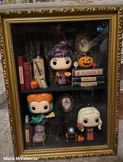 Shadow Box Halloween Ideas, Horror Funko Pop Display, Diy Book From Hocus Pocus, Disney Shelf Decor, Shadow Box Decor Ideas, Harry Potter Shadow Box Ideas, Funko Pop Display Ideas Diy, Pop Figure Display Ideas, Hocus Pocus Crafts Diy