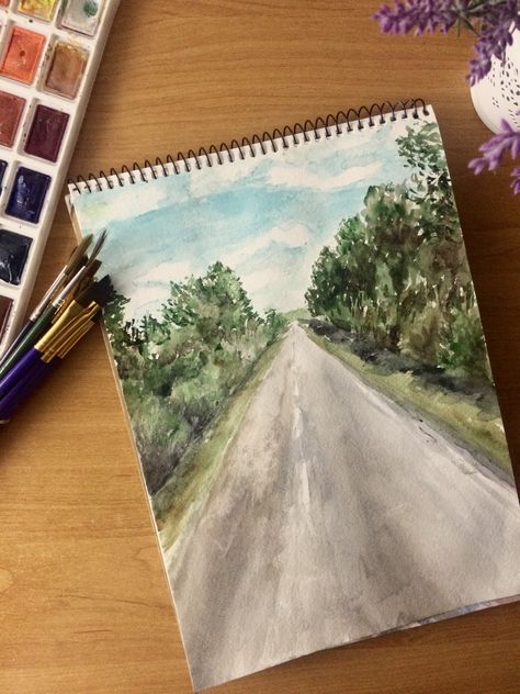 Watercolor Road Painting, Road Watercolor, Road Painting, Watercolor Paintings Easy, Watercolor Ink, Easy Watercolor, Watercolor Drawing, Road Trip Usa, Water Colour