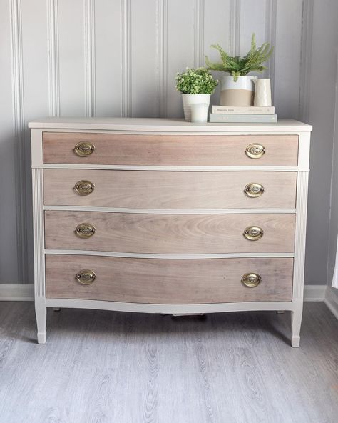 White Two Tone Dresser, Taupe Painted Dresser, Bassett Dresser Makeover, 2 Drawer Nightstand Makeover, Neutral Painted Dresser, Two Tone Wood Dresser, Furniture Flipping Ideas Inspiration, Beige Painted Furniture, Two Toned Nightstand