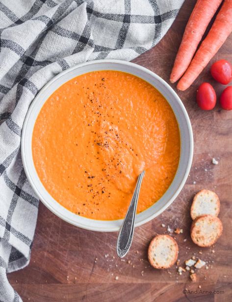 Creamy Carrot Tomato Soup Easy Weekday Lunches, Carrot Tomato Soup, Creamy Tomato Soup Recipe, Weekday Lunches, Cream Of Tomato, Hidden Vegetables, Canned Tomato Soup, Creamy Tomato Soup, Pureed Soup