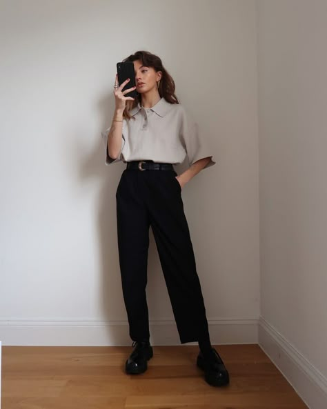 Classy Skater Outfit, Black Slacks Sneakers Outfit, Queer Fem Outfits, Dark Office Outfits Women, Business Casual Dark Academia, Dissertation Defense Outfit, Masc Semi Formal Wear, Tom Boy Femme Professional, Chloe Hayward Outfits