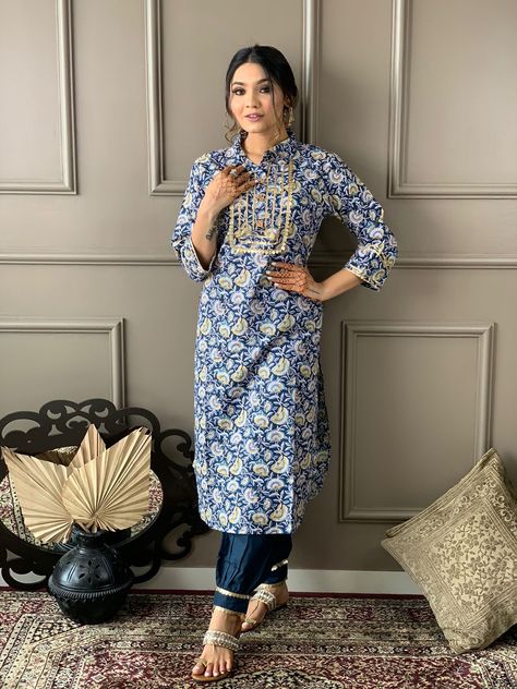 Pant With Kurti, Afghani Salwar Suit, Afgani Pant, Afghani Pants, Cotton Kurti Set, Denim Kurti, Mirror Work Kurti, Collar Kurta, Kurti Palazzo Set