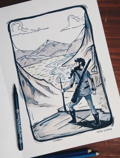 On the other side of the those mountains, Vajra was out on his expedition.. He had already spent years in search of Yeti and was always sure about their existence.  #DRAWOrDIE Day 43.. #inktober Expedition Drawing, Expedition Illustration, Inktober Ideas, Inktober 2024, The Other Side, Line Art, Male Sketch, Humanoid Sketch, Illustrations