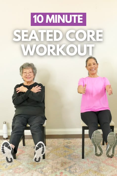 Having a strong core is essential for any activity you do. You just need 10 minutes and this Seated Core Workout can be done everyday. The workout will strengthen your core so you can do any daily activity with strength and ease. It features 5 moves, targeting your abdominals, back muscles, and obliques. You can do it as part of any cardio or strength workout. Now let’s get to the core and improve our strength! #beginnerfitness #seniorfitness #abworkout #athomeworkout #yes2next Chair Core Exercises, Seated Core Exercises, Core Exercises For Seniors, Seated Exercises, Core Strengthening Exercises, Yoga For Seniors, Effective Workout Routines, Chair Exercises, Health And Fitness Articles