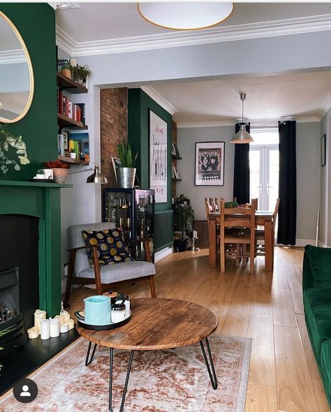 Lounge Diner Ideas, Victorian Terrace Living Room, Living Room Victorian House, Living Room Knock Through, Living Room Victorian, Living Room Looks, Dark Green Living Room, Terrace Living Room, Open Plan Living And Dining