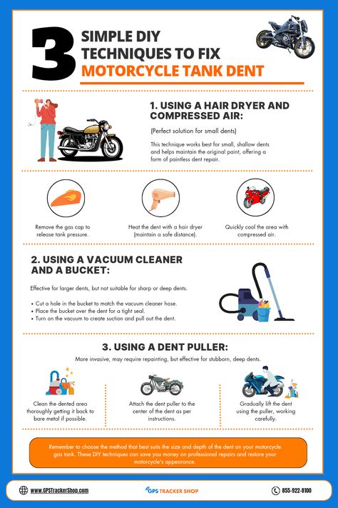 Ditch those unsightly motorcycle tank dents without breaking the bank! Discover DIY techniques for paintless dent removal using everyday household items like hairdryers and vacuum cleaners. From small, shallow dents to deeper imperfections, this guide offers effective methods to restore your bike's glory. 🏍️✨ Infographic included! Dive into DIY motorcycle maintenance and save on repair costs. #MotorcycleMaintenance #DIYDentRepair" Motorcycle Maintenance, Diy Motorcycle, Motorcycle Repair, Motorcycle Frames, Diy Techniques, Motorcycle Tank, Dent Repair, Motor Cycle, Vacuum Cleaners