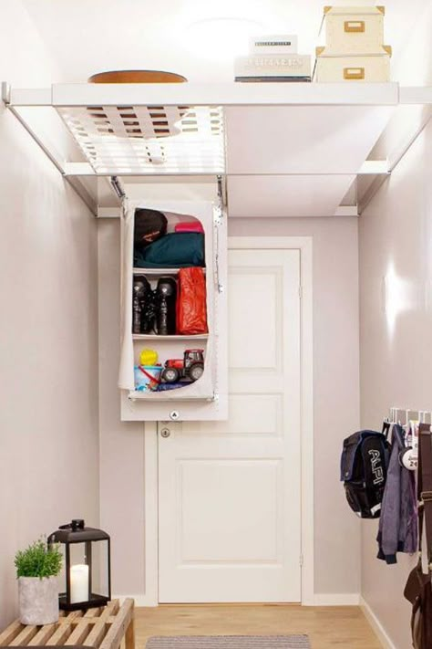 Space Optimization Interior Design, Small Hallway Storage, Ceiling Storage Ideas, Storage Ceiling, Tiny House Storage Ideas, Space Optimization, Ceiling Shelves, Tiny House Storage, Hallway Cabinet