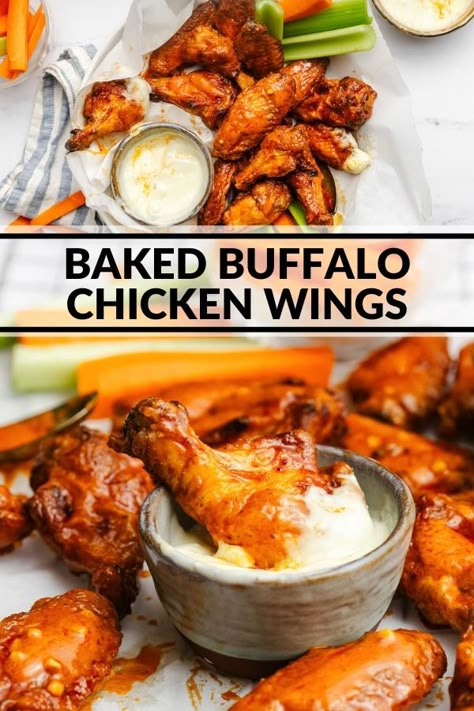 These chicken wings are baked until crispy and then tossed in a homemade buffalo sauce. A delicious game day appetizer, snack, or dinner! Buffalo Chicken Wings In The Oven, Baked Boneless Wings, Easy Wings Recipe, Low Carb Wings, Homemade Buffalo Wings, Buffalo Wing Recipe, Best Buffalo Wings, Baked Buffalo Chicken Wings, Buffalo Wings Recipe Baked