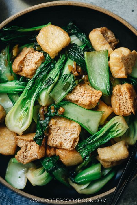 A super quick and easy stir fried bok choy with tofu puffs that only uses five ingredients and takes 15 minutes to prep and cook. The crisp bok choy is lightly caramelized and combined with tender tofu in a savory and slightly sweet sauce. It is surprisingly satisfying to eat as a side dish, and sometimes I serve it as a light main dish for lunch over steamed rice. {Vegan, Gluten-Free Adaptable} Tofu Puffs, Beef Shank Recipe, Deep Fried Tofu, Tofu Stir Fry, Nice Recipes, Stir Fry Dishes, Puff Recipe, Crispy Tofu, Steamed Rice