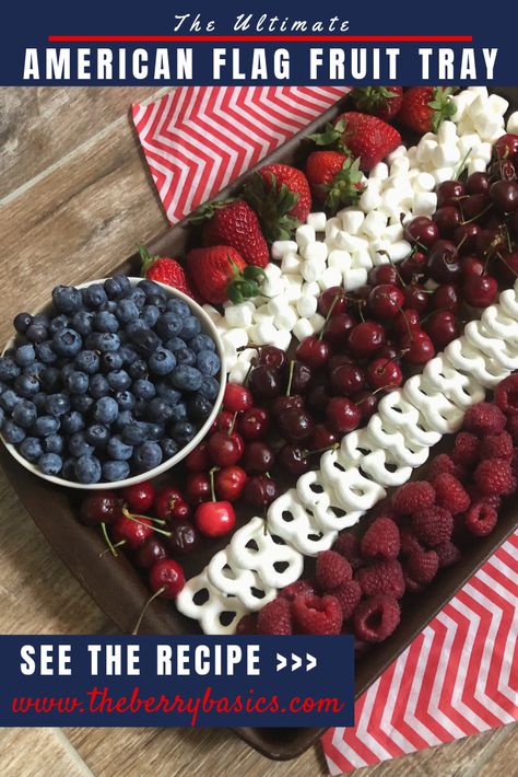 This super cute American flag fruit tray is so easy to make, and a great addition to your 4th of July or Memorial Day festivities! This fruit tray is great for indoor or outdoor parties, and contains ingredients that people of all ages love! I quickly grabbed all the ingredients on my weekly trip American Flag Food, American Flag Dessert, Flag Desserts, Patriotic Recipes, Yogurt Pretzels, Yogurt Covered Pretzels, Holidays Recipes, Star Shaped Cookies, Fruit Trays