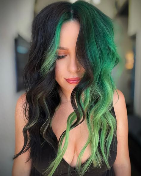 Dark Green Split Dye Hair, Shego Hair Color, Pops Of Color In Hair, Black And Vivid Hair Color, Quadrant Hair Color, Block Hair Colour, Dark Vivid Hair Color, Teal Money Piece Hair, Shego Hair